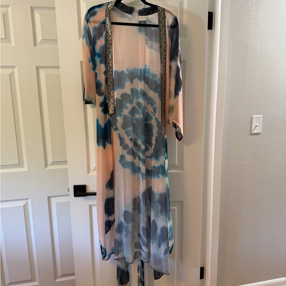 Tie-Dye coverup kaftan duster chiffon with Open Front Trim